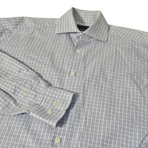 David Donahue Mens Dress Shirt Blue Plaid Button Collar Long Sleeve 15 1/2 34/35